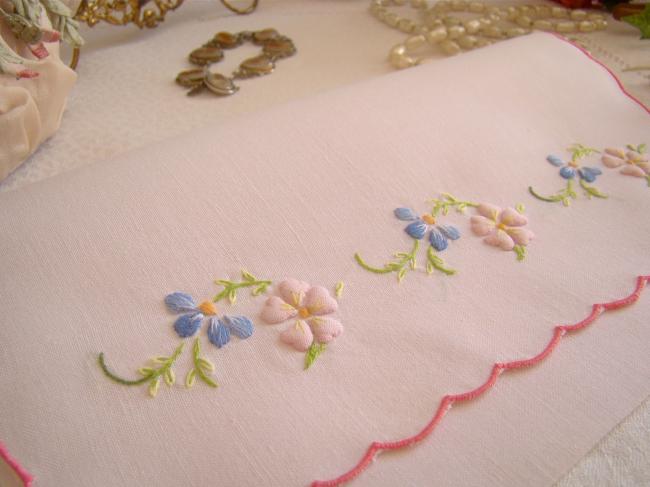 Lovely pink small napkin pouch with hand-embroidered flowers