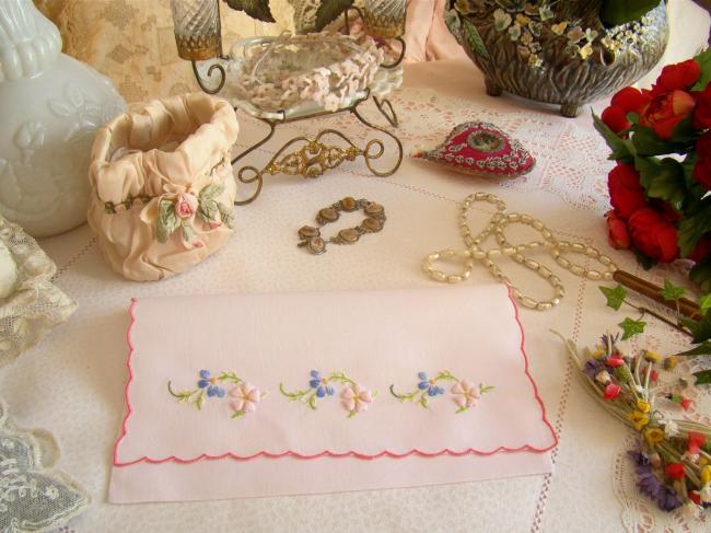 Lovely pink small napkin pouch with hand-embroidered flowers