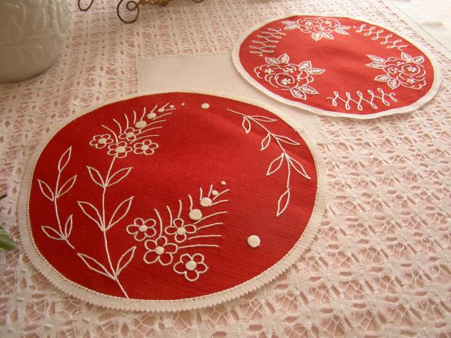 2 lovely red round doilies with hand-embroired flowers.