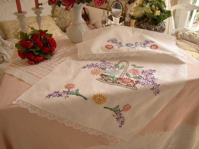 Lovely tea towel cover with hand embroidered basket of flowers