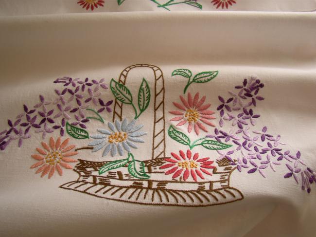 Lovely tea towel cover with hand embroidered basket of flowers