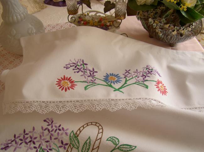 Lovely tea towel cover with hand embroidered basket of flowers