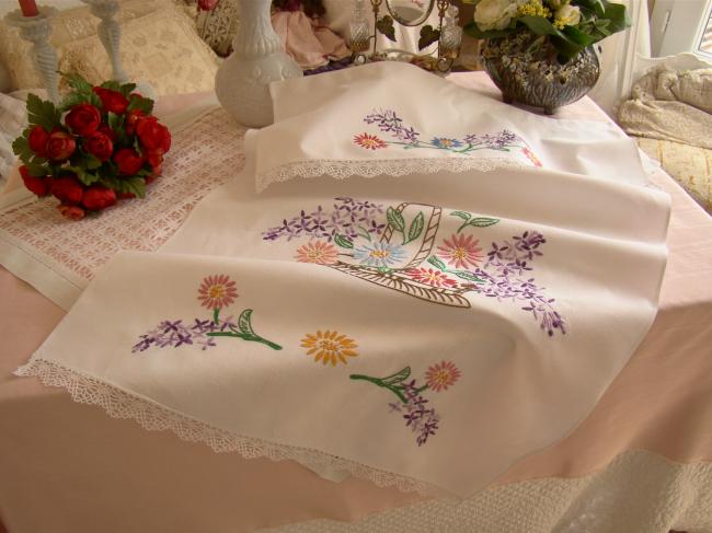 Lovely tea towel cover with hand embroidered basket of flowers