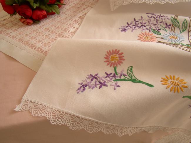 Lovely tea towel cover with hand embroidered basket of flowers