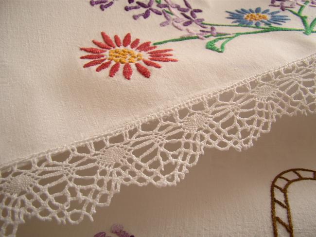 Lovely tea towel cover with hand embroidered basket of flowers