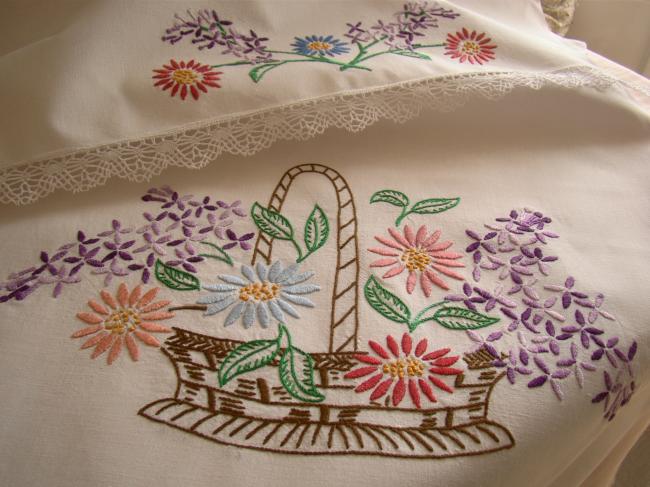 Lovely tea towel cover with hand embroidered basket of flowers