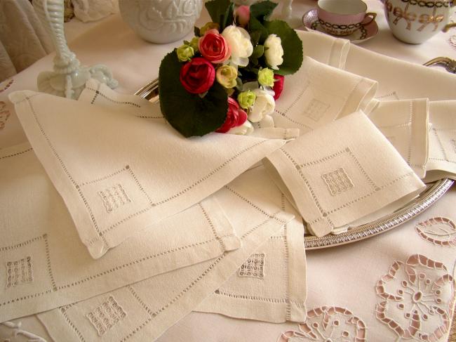 Lovely set of 12 cockatil napkins in granite linen with openwork 1930