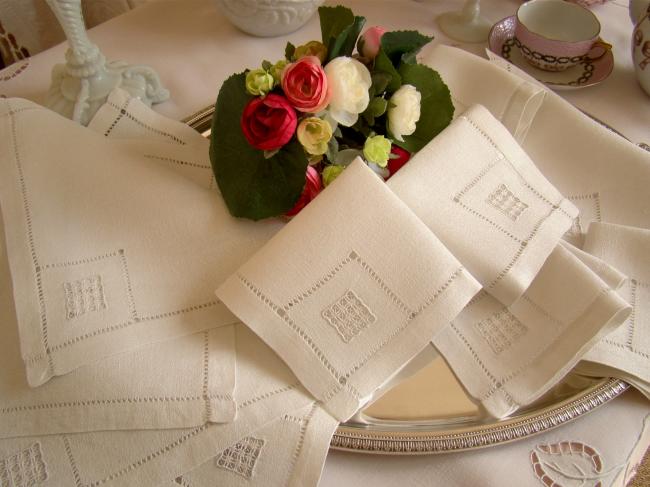 Lovely set of 12 cockatil napkins in granite linen with openwork 1930