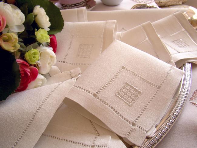 Lovely set of 12 cockatil napkins in granite linen with openwork 1930