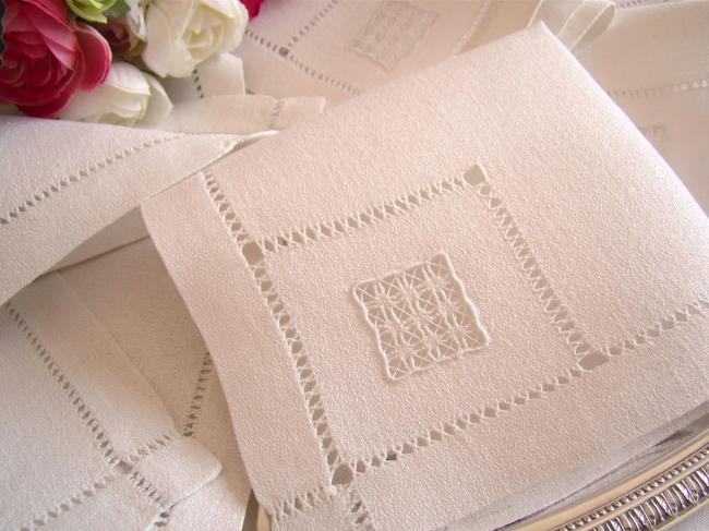 Lovely set of 12 cockatil napkins in granite linen with openwork 1930