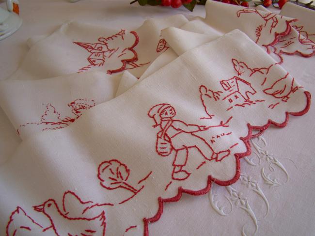 Superb and huge shell border in linen with hand-embroidered red village scene