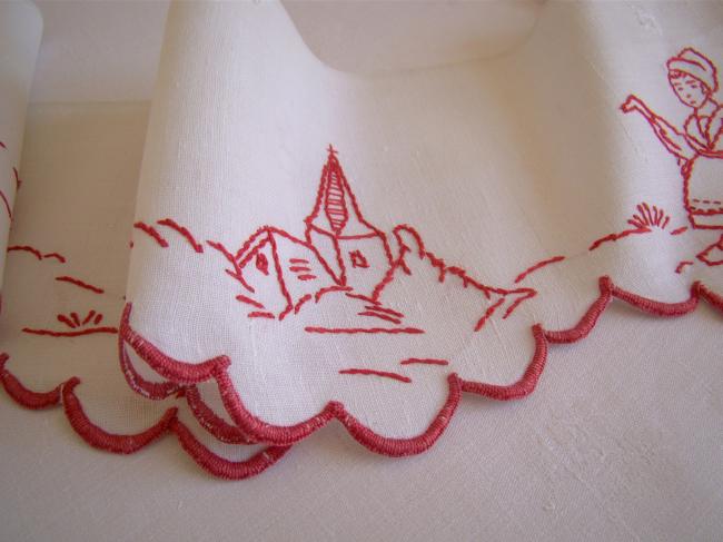 Superb and huge shell border in linen with hand-embroidered red village scene