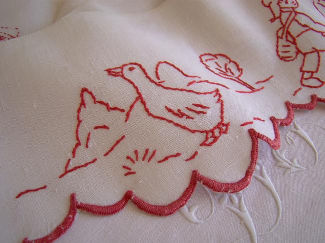 Superb and huge shell border in linen with hand-embroidered red village scene