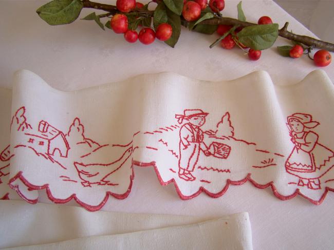 Superb and huge shell border in linen with hand-embroidered red village scene