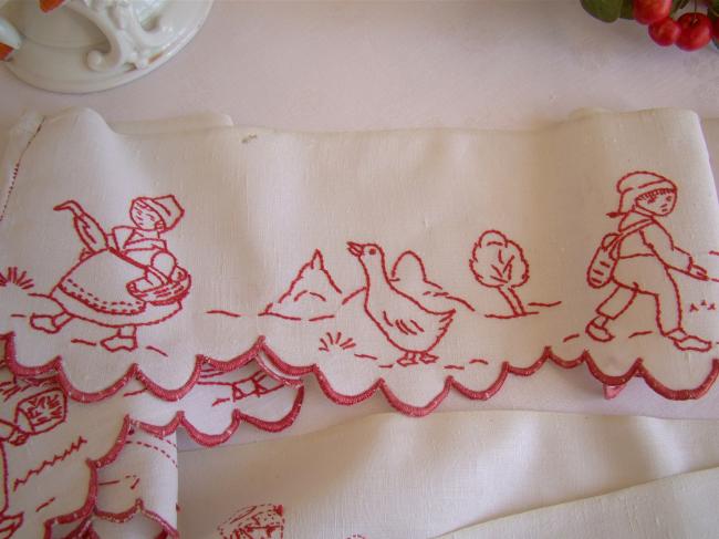 Superb and huge shell border in linen with hand-embroidered red village scene