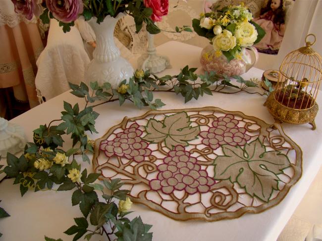 Lovely panel in unbleached linen with hand embroidered vine leaves and grapes