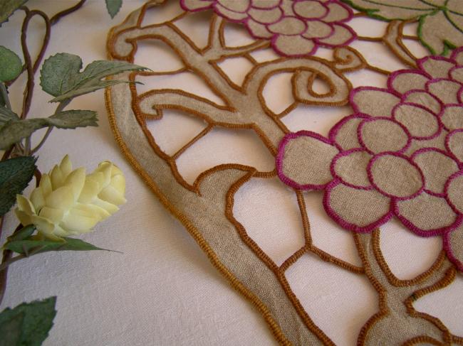 Lovely panel in unbleached linen with hand embroidered vine leaves and grapes