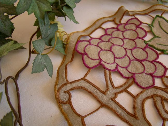 Lovely panel in unbleached linen with hand embroidered vine leaves and grapes