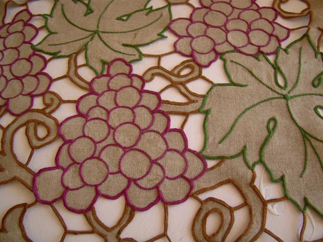 Lovely panel in unbleached linen with hand embroidered vine leaves and grapes