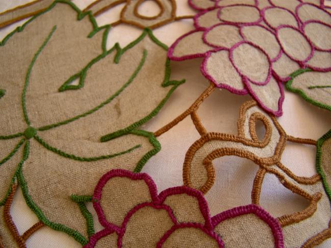 Lovely panel in unbleached linen with hand embroidered vine leaves and grapes