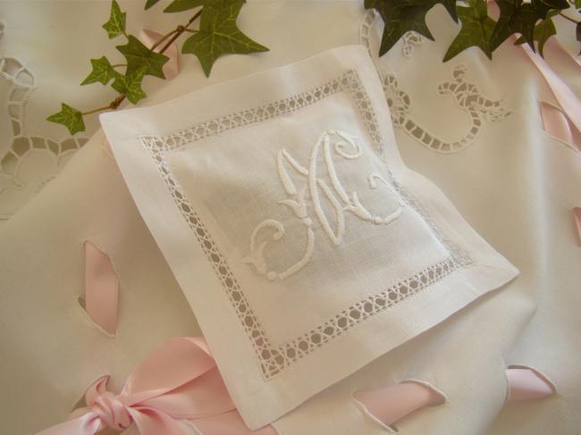 Lovely lavander sachet with hand-embroidered drawn thread river & monogram M