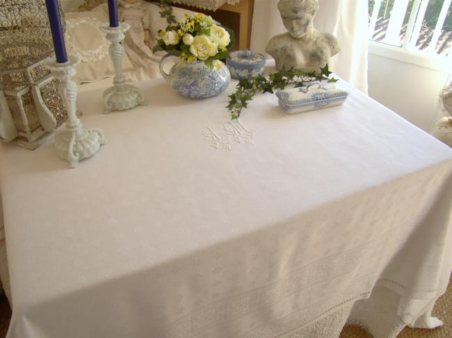 Elegant damask linen tablecloth with hand-embroidered monogram JM