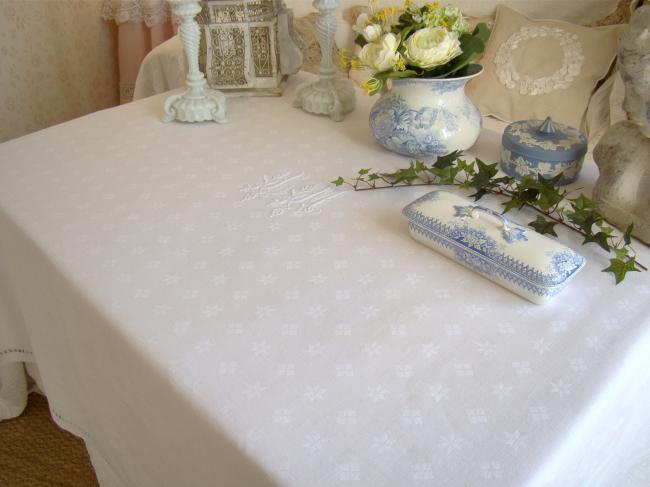 Elegant damask linen tablecloth with hand-embroidered monogram JM