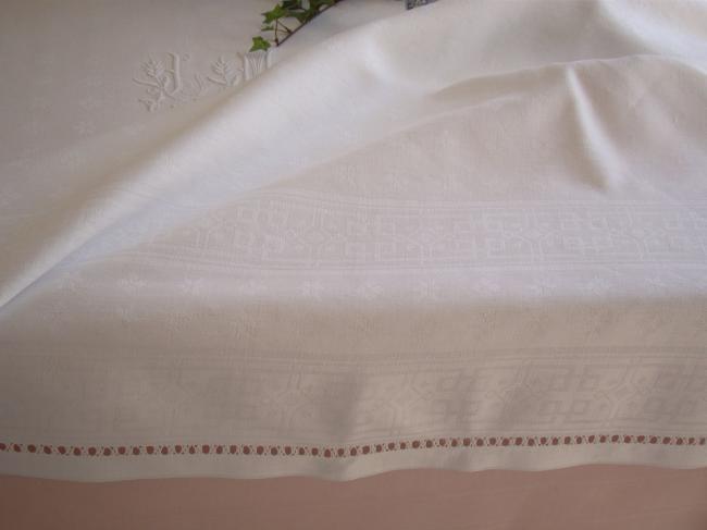 Elegant damask linen tablecloth with hand-embroidered monogram JM