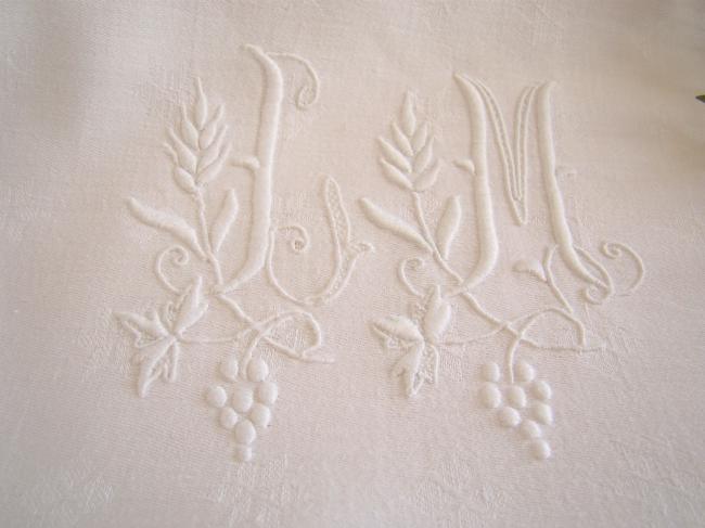 Elegant damask linen tablecloth with hand-embroidered monogram JM