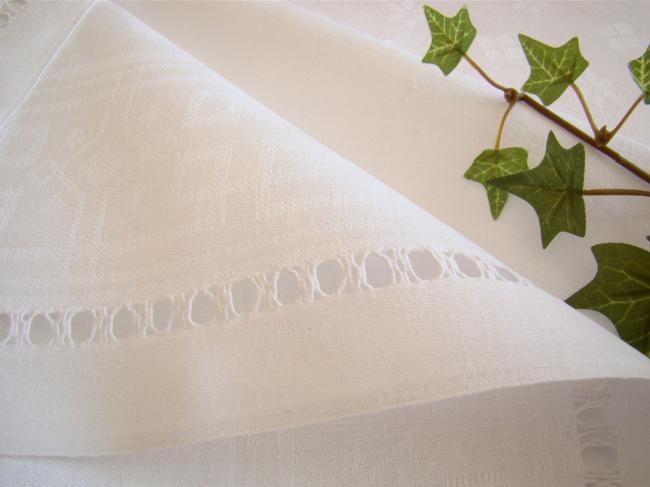 Elegant damask linen tablecloth with hand-embroidered monogram JM