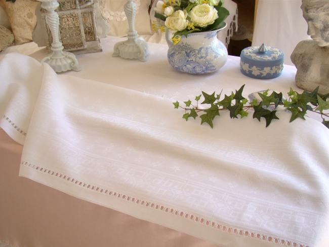 Elegant damask linen tablecloth with hand-embroidered monogram JM