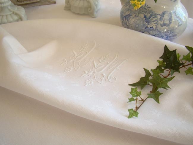 Elegant damask linen tablecloth with hand-embroidered monogram JM