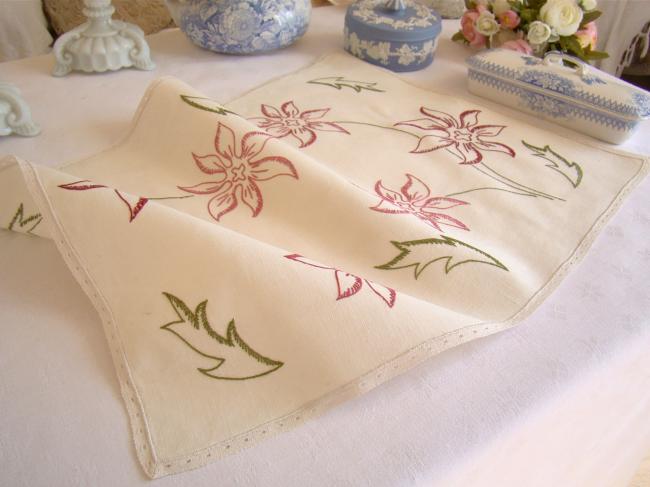 Lovely tray center with large hand-embroidered flowers 1950