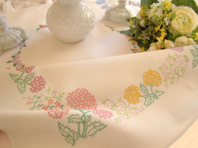 Enchanting small tablecloth with hand-embroidered flowers hydrangea