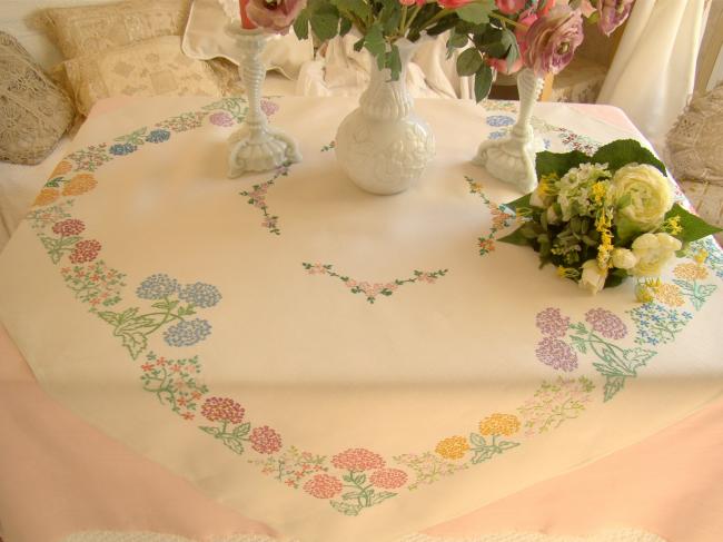 Enchanting small tablecloth with hand-embroidered flowers hydrangea