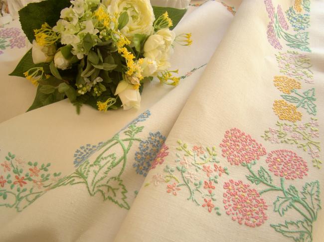 Enchanting small tablecloth with hand-embroidered flowers hydrangea