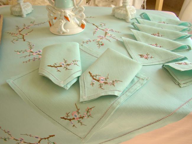 Breathtaking tablecloth and napkins with hand-embroidered blooming appletree