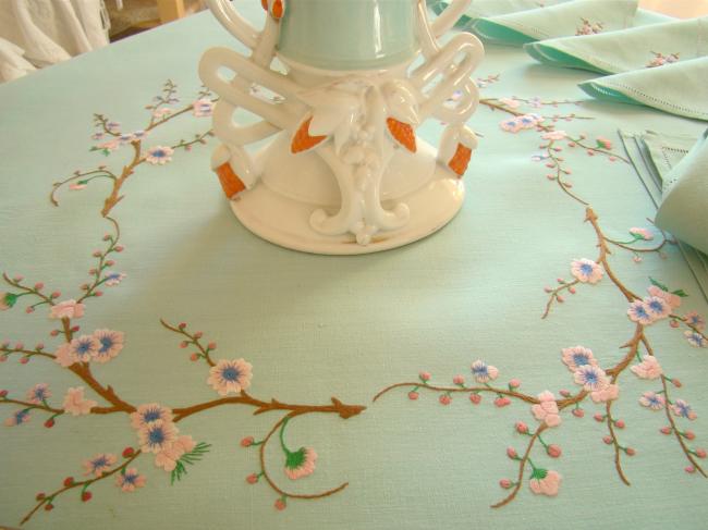 Breathtaking tablecloth and napkins with hand-embroidered blooming appletree