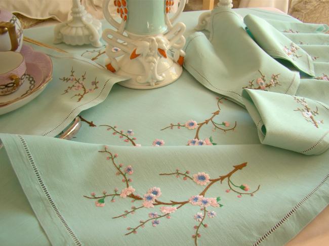 Breathtaking tablecloth and napkins with hand-embroidered blooming appletree