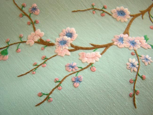 Breathtaking tablecloth and napkins with hand-embroidered blooming appletree