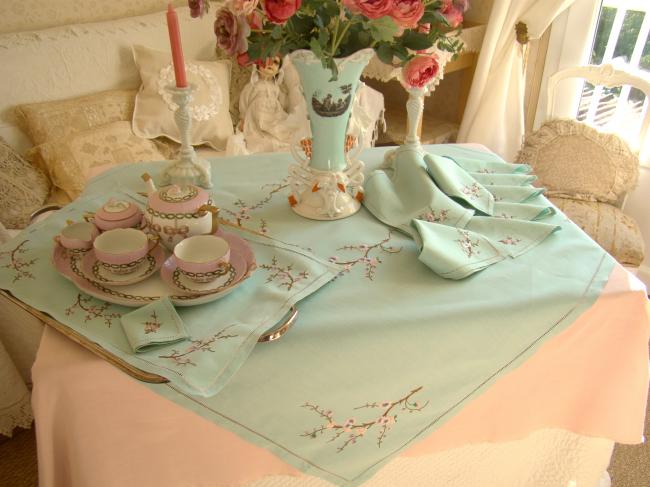 Breathtaking tablecloth and napkins with hand-embroidered blooming appletree