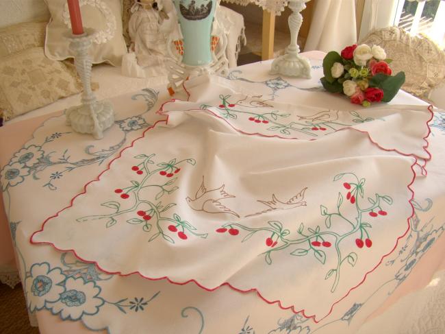 Lovely tea towel cover with hand embroidered cherries and birds