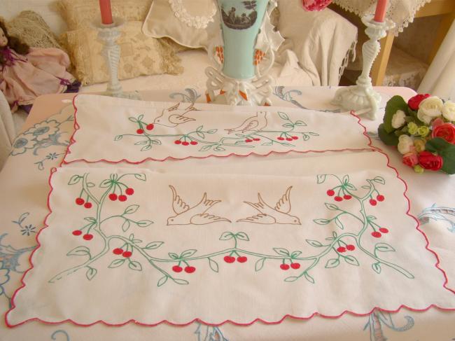 Lovely tea towel cover with hand embroidered cherries and birds