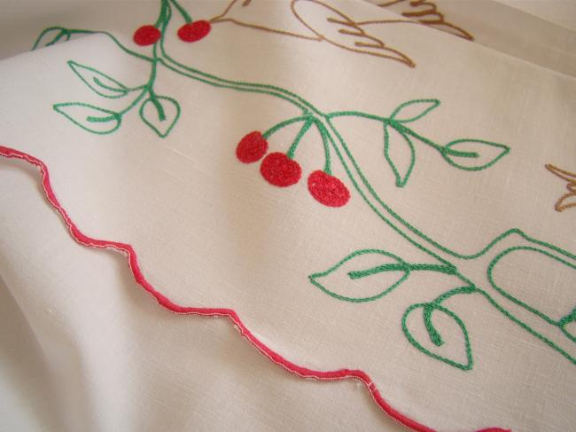 Lovely tea towel cover with hand embroidered cherries and birds