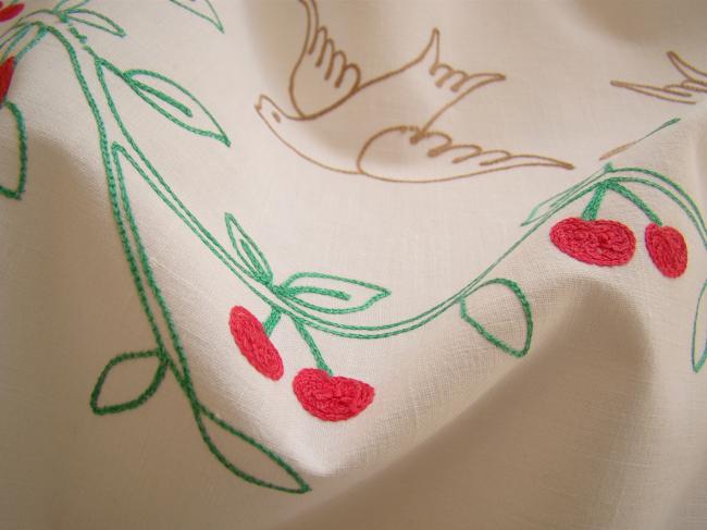 Lovely tea towel cover with hand embroidered cherries and birds