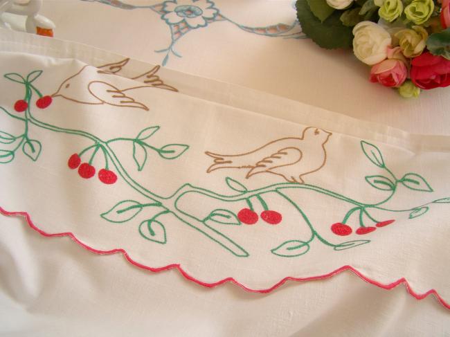 Lovely tea towel cover with hand embroidered cherries and birds