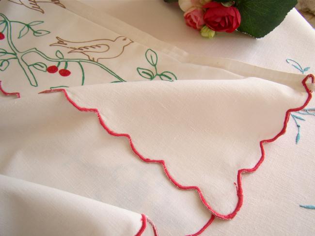 Lovely tea towel cover with hand embroidered cherries and birds