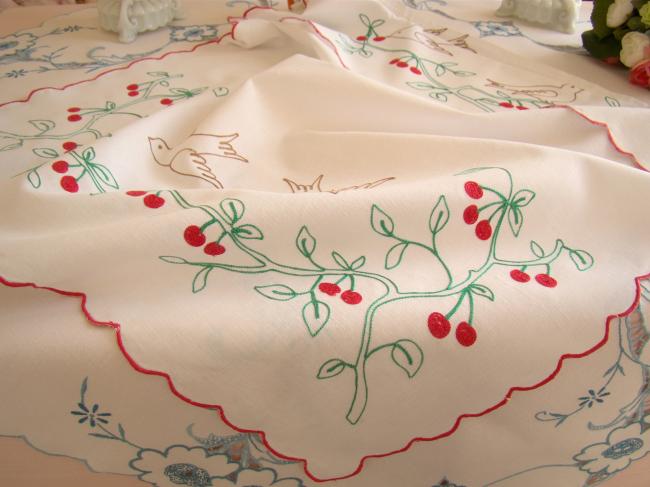 Lovely tea towel cover with hand embroidered cherries and birds