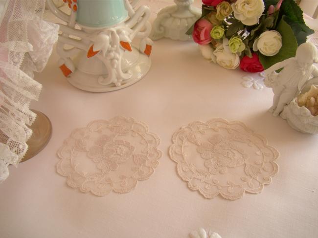 Superb pair of doilies in  old pink muslin with roses