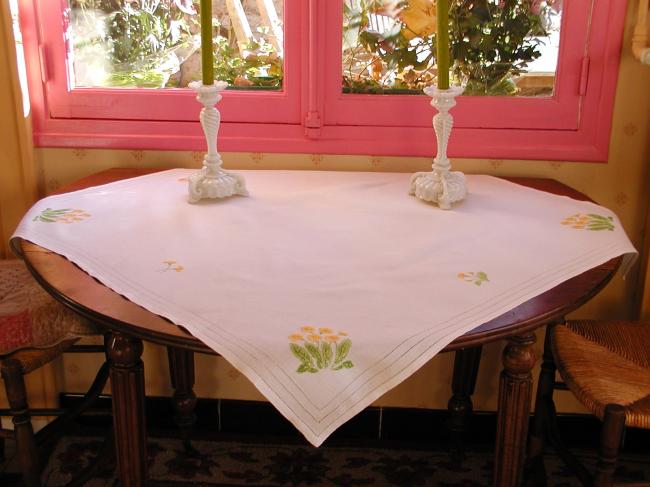 Really stunning tablecloth with hand-embroidered primula flowers